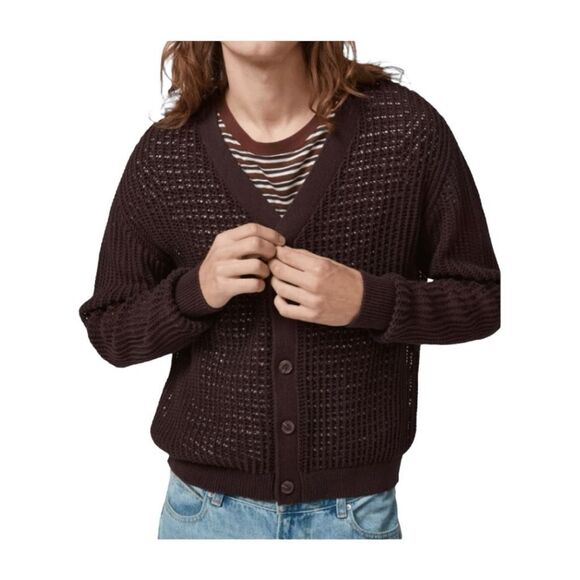 BDG Beach Cardigan Chocolate Brown Open Knit Button Front Long Sleeve M - Picture 2 of 6